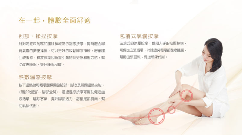 喬山在一起秀腿機。在一起,體驗全面舒適。刮痧揉捏按摩,熱敷溫感按摩,包覆式氣囊按摩。