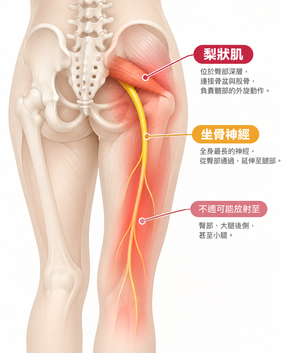 梨狀肌位置示意圖:位於臀部深層並鄰近坐骨神經