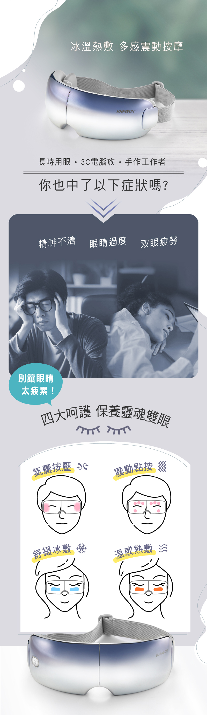 眼部呵護專家
		　四大按摩手法：眼周震動點按/氣囊按壓/舒緩冰敷/溫感熱敷  透視窗設計，安全感加分
		　環形設計，針對眼周穴位及眼瞼肌膚呵護保養