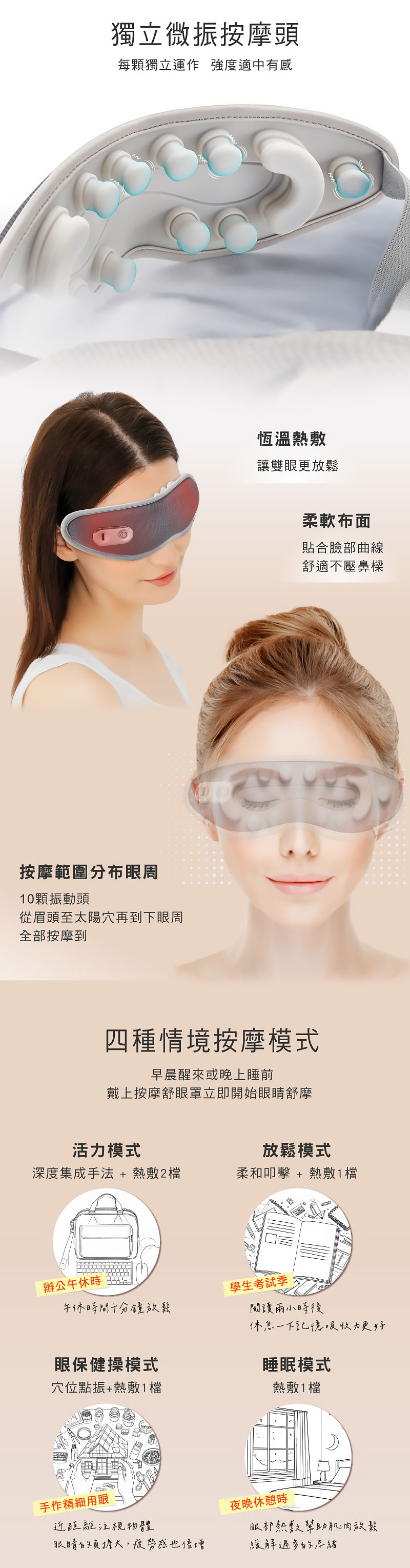 C30 點振按摩舒眼罩 獨立微震按摩頭 每顆都獨立運作 強度適中有感 按摩範圍廣 十顆振動頭分布眼周 眼部熱敷