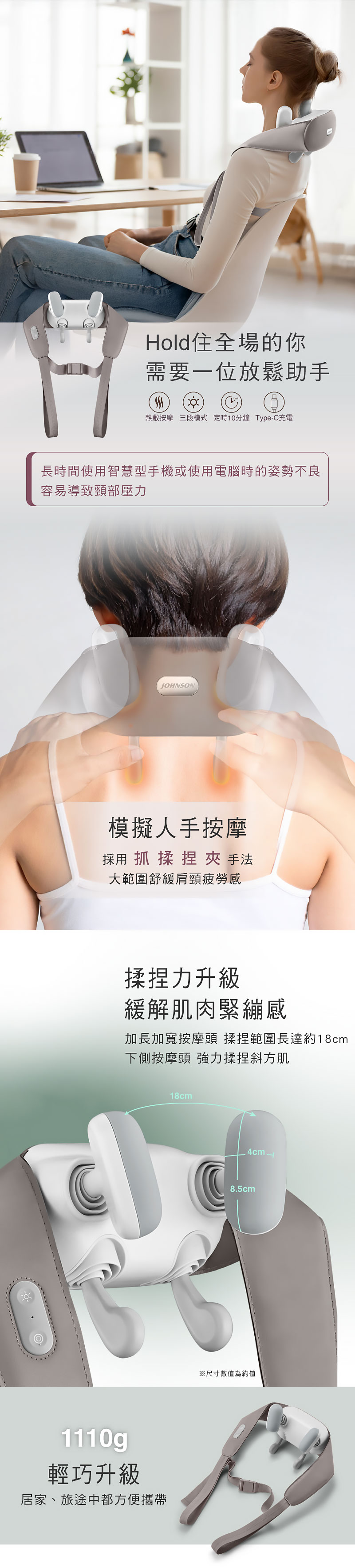 D290 頸肩FUN鬆按摩器  抓揉捏夾等手法，大範圍舒緩肩頸斜方肌疲勞感
，揉捏力升級，深入緊繃肌肉，加長加寬按摩頭，揉捏範圍長達約18cm，揉捏肩頸斜方肌，輕巧升級僅1110g 居家、旅途中，易收納輕鬆攜帶 